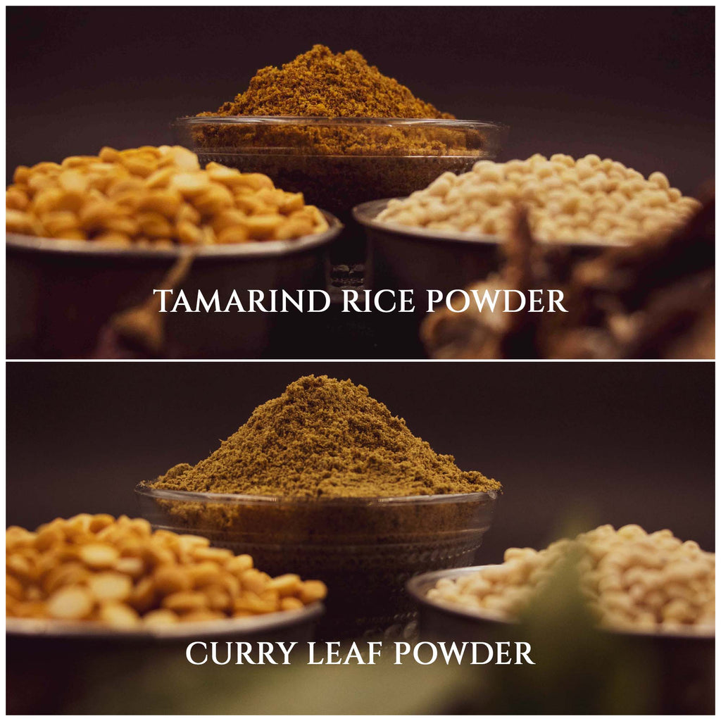 Combo 3 - Home Made - Puliyogare Podi - Rice Mix Tamarind Powder & Karuveppilai Podi - Rice Mix Curry Leaves Powder (Iyengar's style)