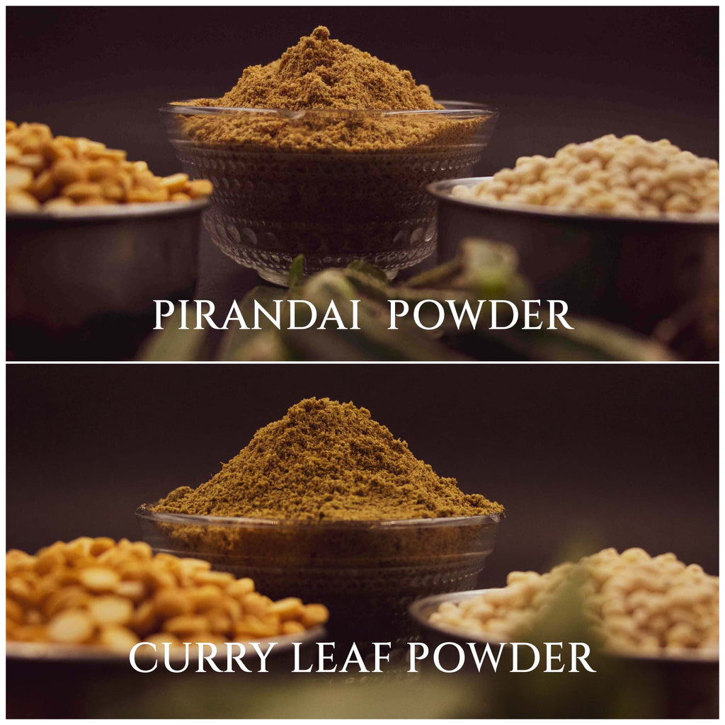 Combo 1 - Home Made - Pirandai Podi / Rice Mix Pirandai Powder & Karuveppilai Podi / Rice Mix Curry Leaves Powder &  (Iyengar's style)